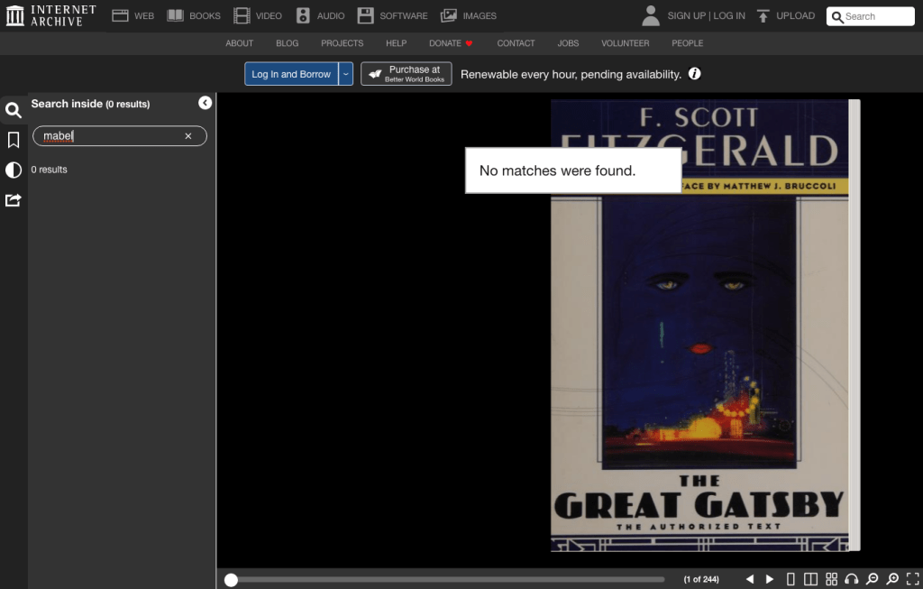 A screencap of the search of the Archive.org digital edition of F. Scott Fitzgerald's THE GREAT GATSBY indicating "No matches were found" for the occurrance of the word "Mabel".